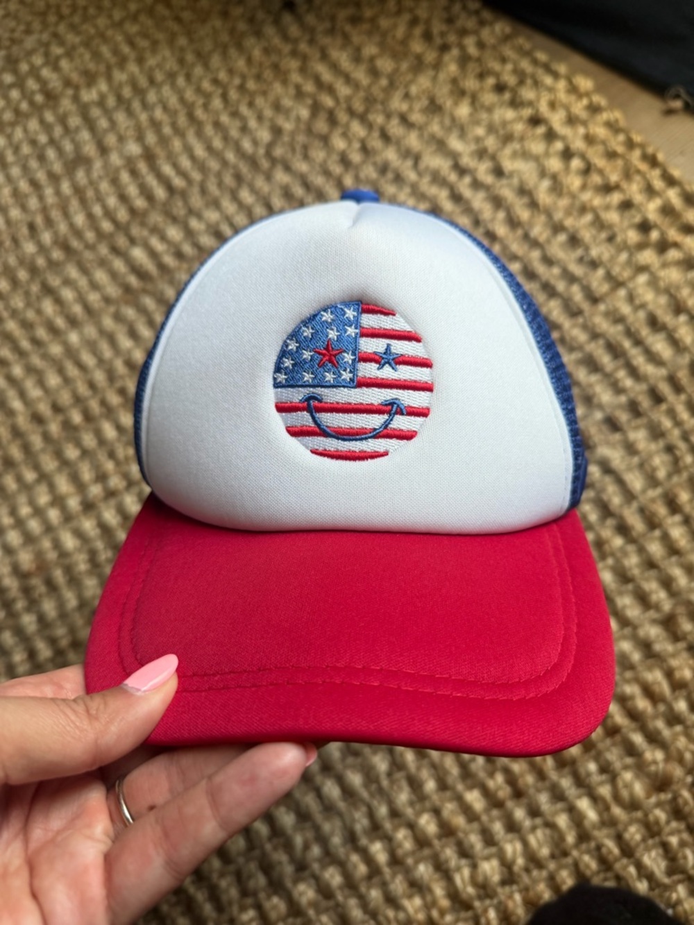 Red, White & Blue American Flag Smiley Trucker Hat